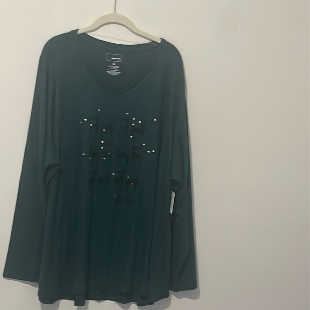 Forest green long sleeve neck T-shirt, size 3X, length 31 inches